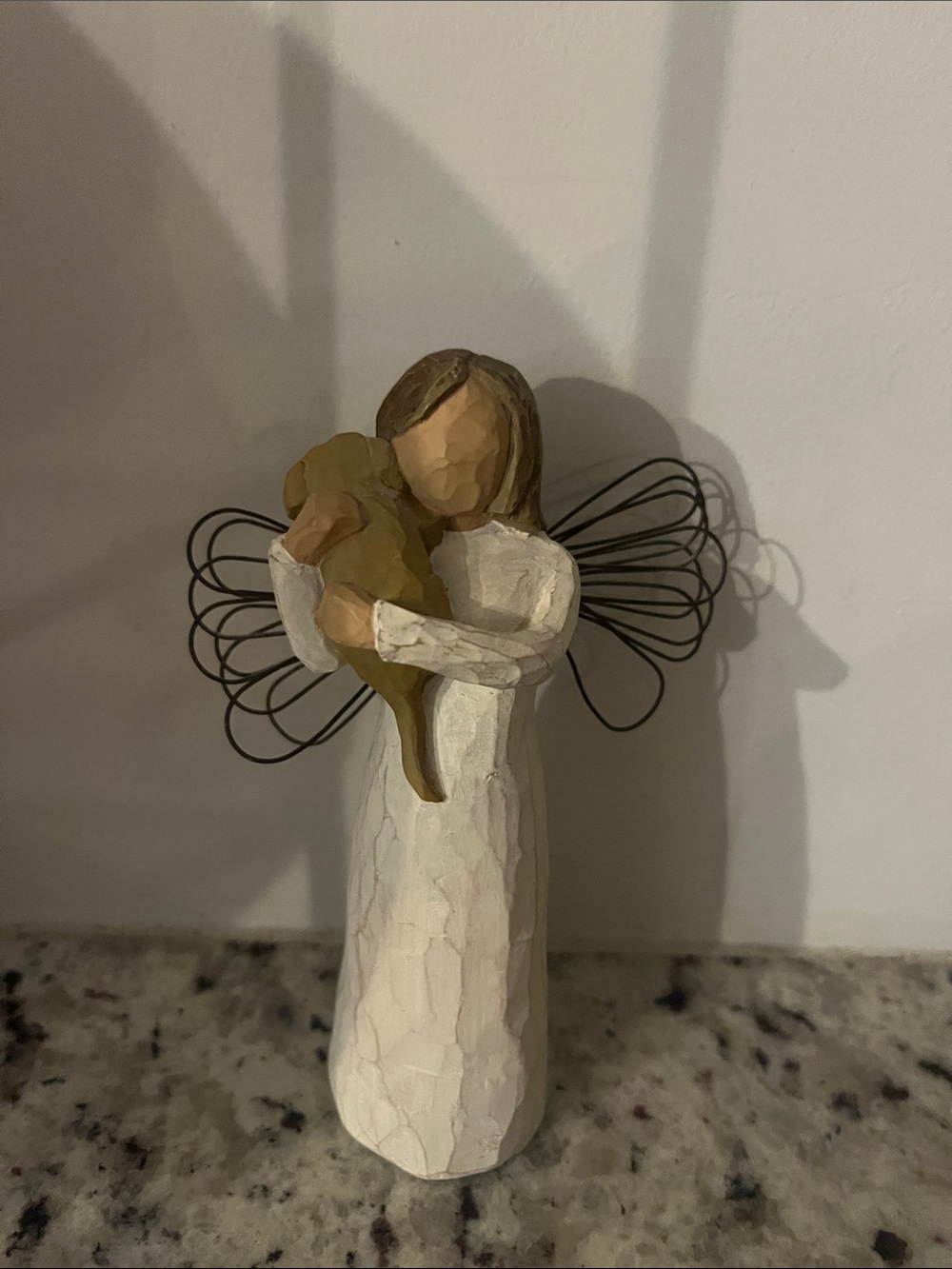 Willow Tree White Angel with Gold Puppy and Black Wire Wings